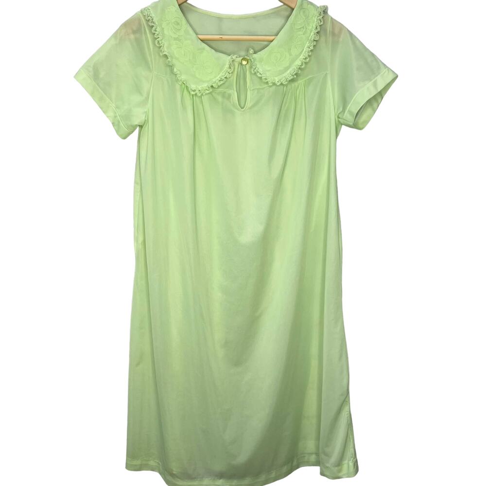 Vintage Nancy King Short Nylon Satin Nightgown Mint Green Size M Floral Collar